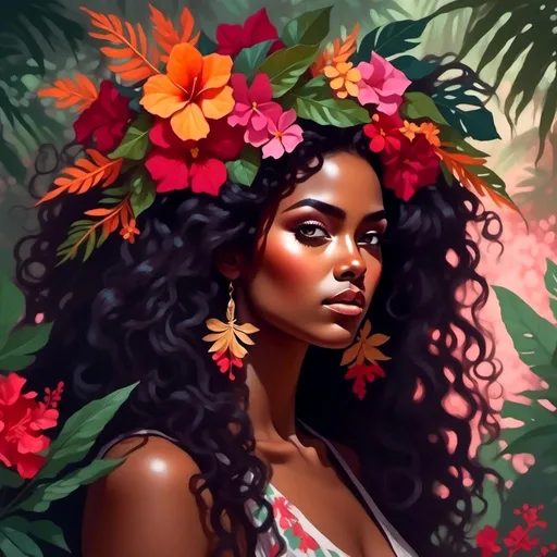 Prompt: <mymodel> Painting of the portrait of a pretty Melanesian woman, wearing cocontractant leaves crown and hibiscus flowers on her left ear. She has long thick afro hair, a black skin and she is surrounded by tropical nature and flowers.