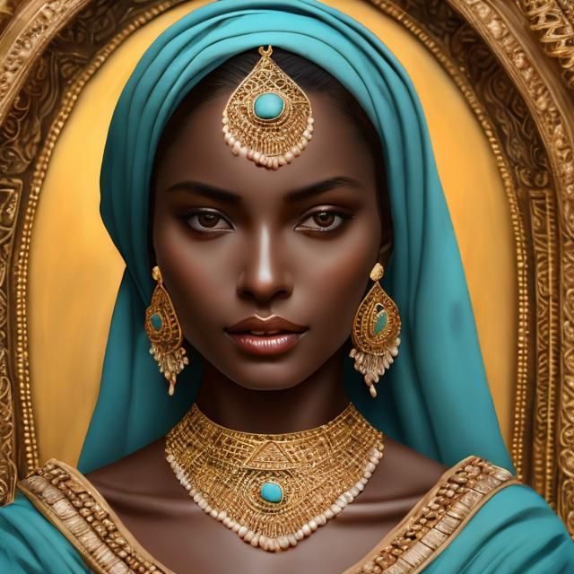 Prompt: Beautiful woman with extremely dark black complexion, oil painting, elegant attire, high quality, realistic, wearing turquoise jewelry, soft lighting, detailed facial features, captivating eyes, graceful posture, cultural jewelry, regal ambiance