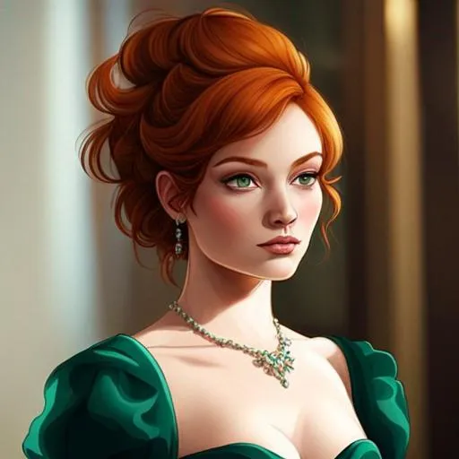 Prompt: Elegantly dressed lady,  emerald evening gown, ginger hair in an uodo, pretty makeup, facial closeup, in a cartoon style