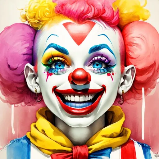 Prompt: Primary color clown, cute makeup, high quality, cartoon, bright colors, detailed features, playful expression, professional lighting