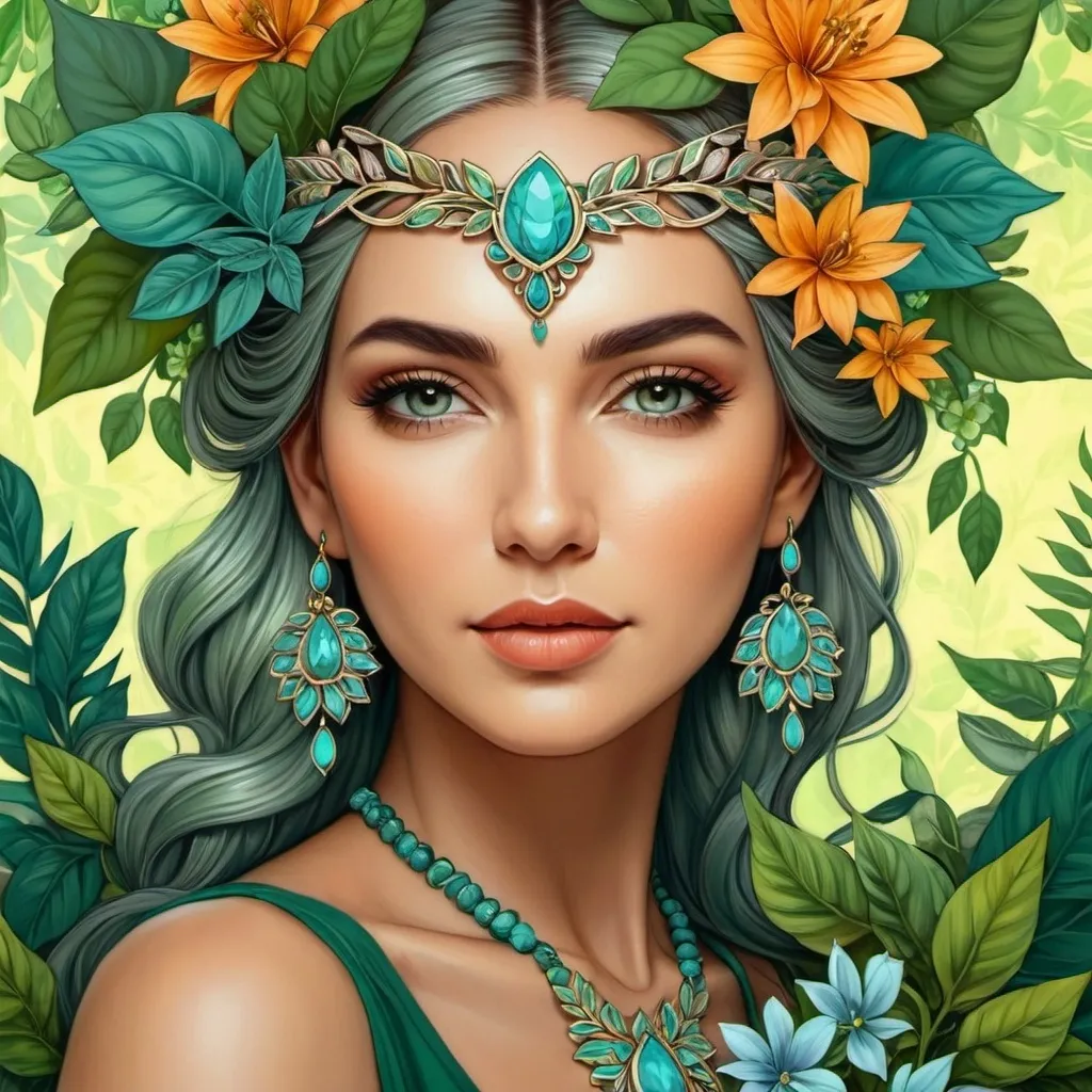 Prompt: a woman with flowers in her hair and a necklace on her head, surrounded by leaves and flowers, is shown in a digital painting style, Amanda Sage, fantasy art, highly detailed digital painting, a detailed painting