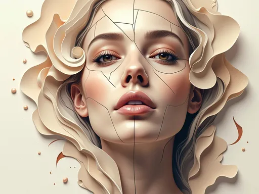 Prompt: This is a highly detailed, digital CGI artwork depicting a close-up of a woman's face with a futuristic, sculptural style. The woman's face is divided into geometric, puzzle-like segments, creating a mosaic effect. Her skin is a smooth, light beige color, and her facial features are sharply defined, with almond-shaped, light brown eyes that are slightly upturned, giving her an intense, focused expression. Her lips are full and slightly parted, with a natural pink hue.

The background features an intricate, swirling pattern of organic, shell-like shapes in varying shades of beige and brown, which contrasts with the geometric segmentation of her face. The textures in the background are soft and flowing, while the face's segments have a more rigid, angular texture, adding to the visual complexity.

The lighting is soft and even, highlighting the smoothness of her skin and the three-dimensional quality of the segmented facial features. The overall color palette is neutral, with shades of beige, brown, and light pink. The image combines elements of realism and abstract art, creating a striking, otherworldly portrait that emphasizes both natural beauty and futuristic design.