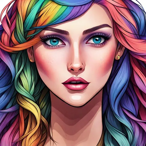 Prompt: pretty woman, rainbow hair, beautiful makeup,facial closeup, cartoon style