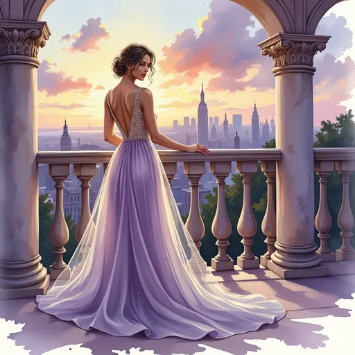 Prompt: Bathed in the captivating glow of a sunset, a young woman elegantly poses on a lavish balcony adorned with intricate architectural details. She wears a stunning gown that features a fitted, intricately embroidered bodice in soft beige, flowing into a sheer, cascading train that hints at shades of lavender. Her expressive gaze, combined with delicate hairstyles and subtle jewelry, evokes a sense of sophistication and grace. In the background, the silhouette of a city skyline illuminated by dusk showcases notable landmarks, while the fading daylight casts a warm hue, adding to the romantic atmosphere of the scene. The overall composition, with its blend of beauty and grandeur, conveys a narrative of timeless elegance.