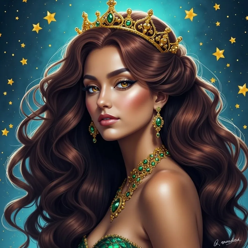 Prompt: a painting of a woman with red hair wearing a tiara and a necklace with emeralds on it, Charlie Bowater, gothic art, cgstudio, a character portrait