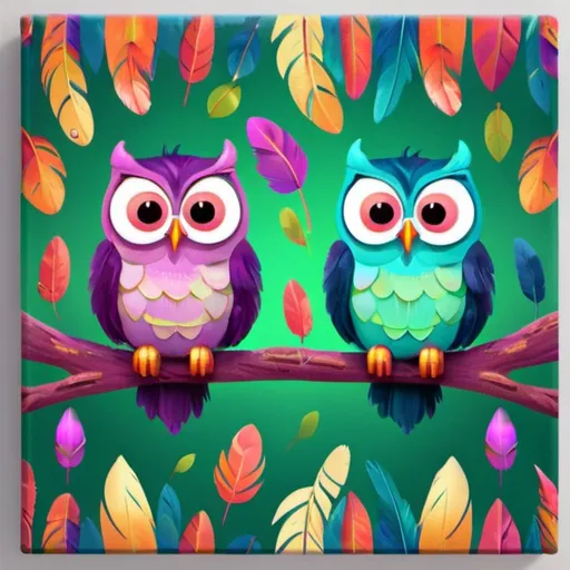 Prompt: Cartoon-style illustration of adorable owls, vibrant and colorful feathers, playful and expressive facial features, whimsical woodland setting, lush and vibrant vegetation, high quality, vibrant colors, cute, cartoon style, playful, whimsical, vibrant lighting