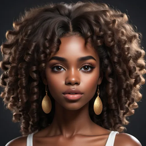Prompt: create a young darkskin woman with big curly hair, plump lips, deep brown eyes, a long nose, and soft features