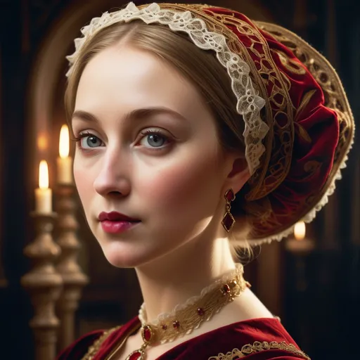 Prompt: (statuesque portrait of Anne of Cleves), vibrant Tudor-era attire, intricate lace details, embroidered patterns, serene expression, elegant pose, rich background of a historic castle, warm gold and deep crimson tones, soft diffused lighting, classical artwork style, ultra-detailed, regal atmosphere, capturing the essence of 16th-century nobility, majestic ambiance.