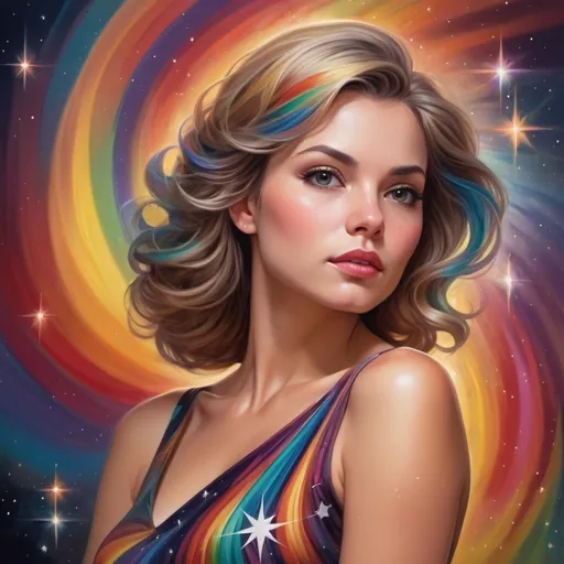 Prompt: a painting of a woman in a dress with a colorful swirl in the background and a star burst in the sky, Artgerm, figurative art, highly detailed digital painting, an airbrush painting