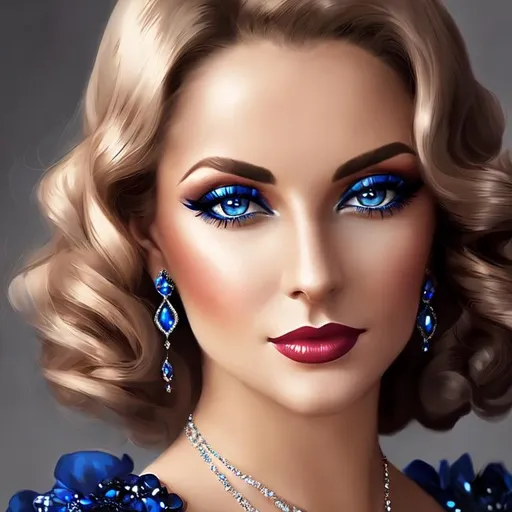 Prompt: Glamorously dressed lady of rhe 1930's wearing sapphire jewelry,blue eyes