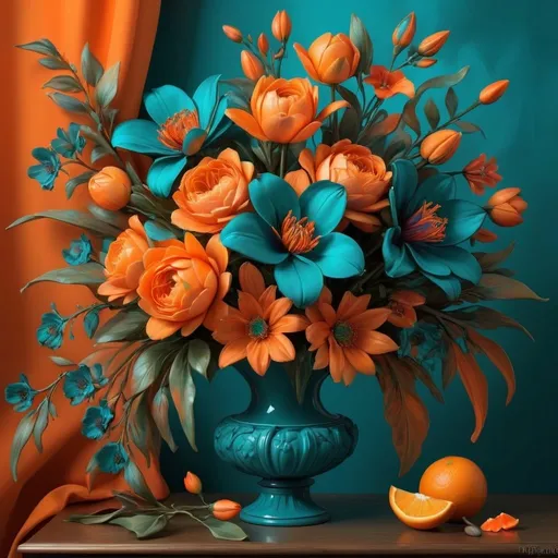 Prompt: <mymodel> orange and teal beauty, vivid colors, high contrast, detailed floral arrangement, oil painting, vibrant, realistic, 4k, ultra-detailed, surreal, dynamic lighting, luxurious, botanical, rich textures, modern, decorative, elegant composition