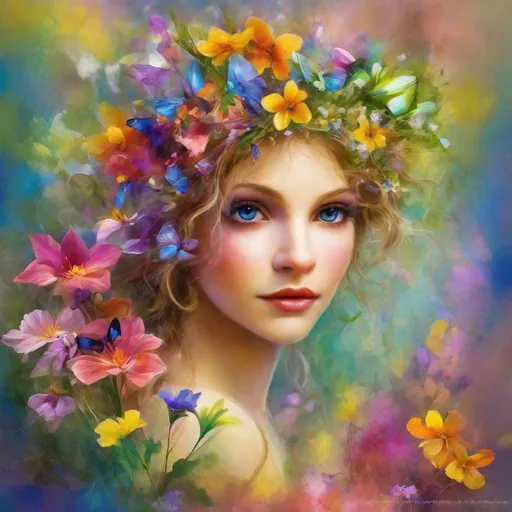 Prompt: a fairy of spring, ,wildflowers, vivid colors,  facial closeup