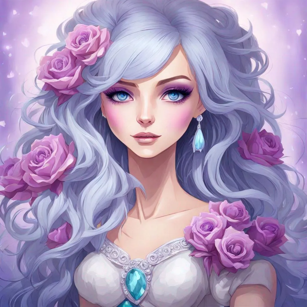 Prompt: A beautiful woman, white hair with pastel purple highlights, violet eyes, blue eyeshadow, pastel blue roses in her hair, blue jewels on forehead, cartoon style