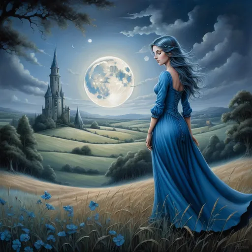 Prompt: a painting of a woman in a blue dress standing in a field with a tower in the background and a full moon in the sky, Anne Stokes, fantasy art, fantasy artwork, a storybook illustration