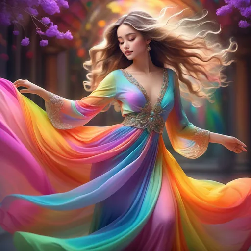 Prompt: (elegant lady), graceful pose, vivid (colors of the rainbow), flowing attire, chic accessories, soft and dreamy ambiance, radiating a sense of joy, ultra-detailed, ambient lighting, romantic atmosphere, intricate patterns, harmonious blend of hues, beautifully flowing hair, serene expression, enchanting background bursting with color, high-quality rendering.