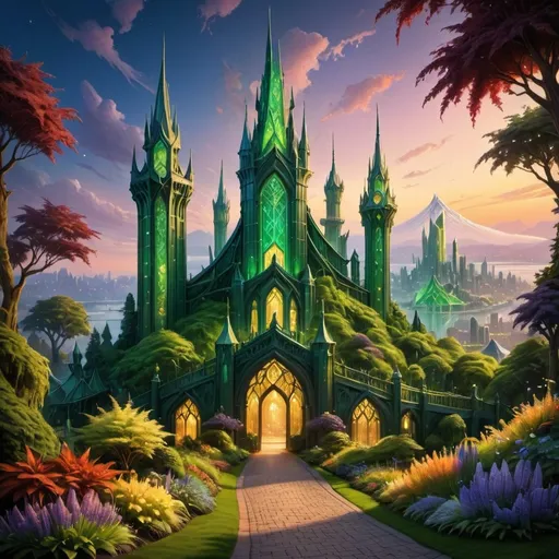 Prompt: A breathtaking view of The Emerald City, bathed in vivid emerald green hues that shimmer under the soft glow of a golden sunset. Towering spires of polished crystal rise against a clear azure sky, reflecting the radiant colors of the surrounding enchanted landscape. Lush, vibrant gardens flourish at the base, with exotic flowers and winding paths leading up to grand, intricately designed gates. Glimmers of light dance off the structures, creating a magical atmosphere. In the foreground, a group of whimsical characters with awe-struck expressions stand in admiration, their colorful attire complementing the vibrant palette. The scene captures a sense of wonder and enchantment, evoking memories of childhood adventures. The overall style is reminiscent of cinematic fantasy art, filled with rich textures and luminous drama.