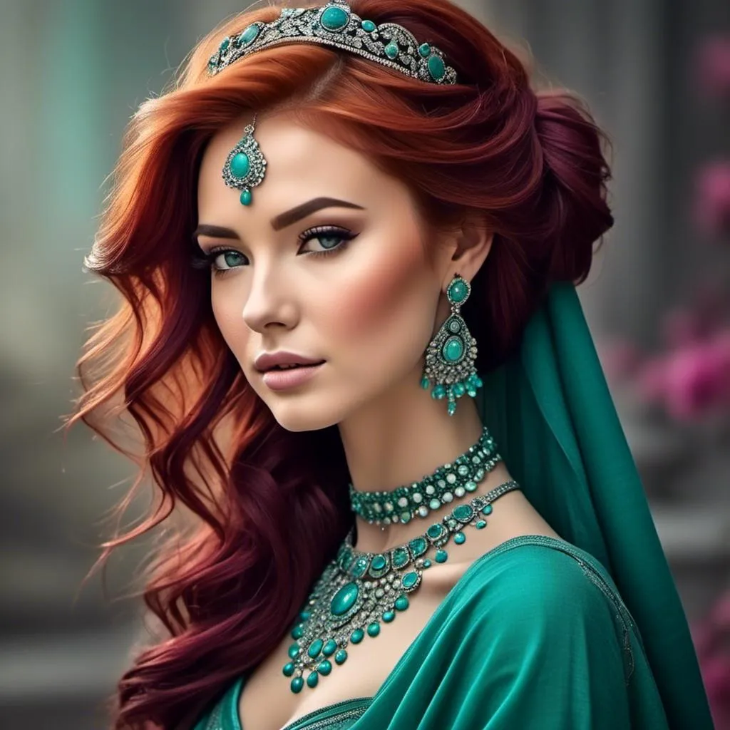 Prompt: <mymodel>An extremely gorgeous woman,  with turquoise jewels, in color scheme of turquoise and magenta