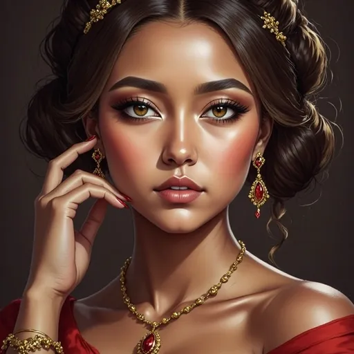 Prompt: a woman with red lipstick and gold jewelry on her face and eyes, with a red lip and gold necklace, Araceli Gilbert, neoclassicism, realistic shaded perfect face, a photorealistic painting