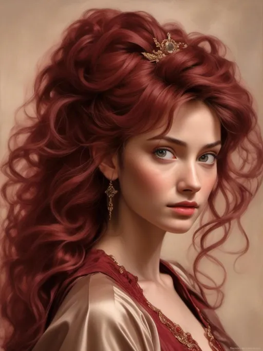 Prompt: <mymodel>A powerful woman with Victorian wine red curly voluminous hair half up half down