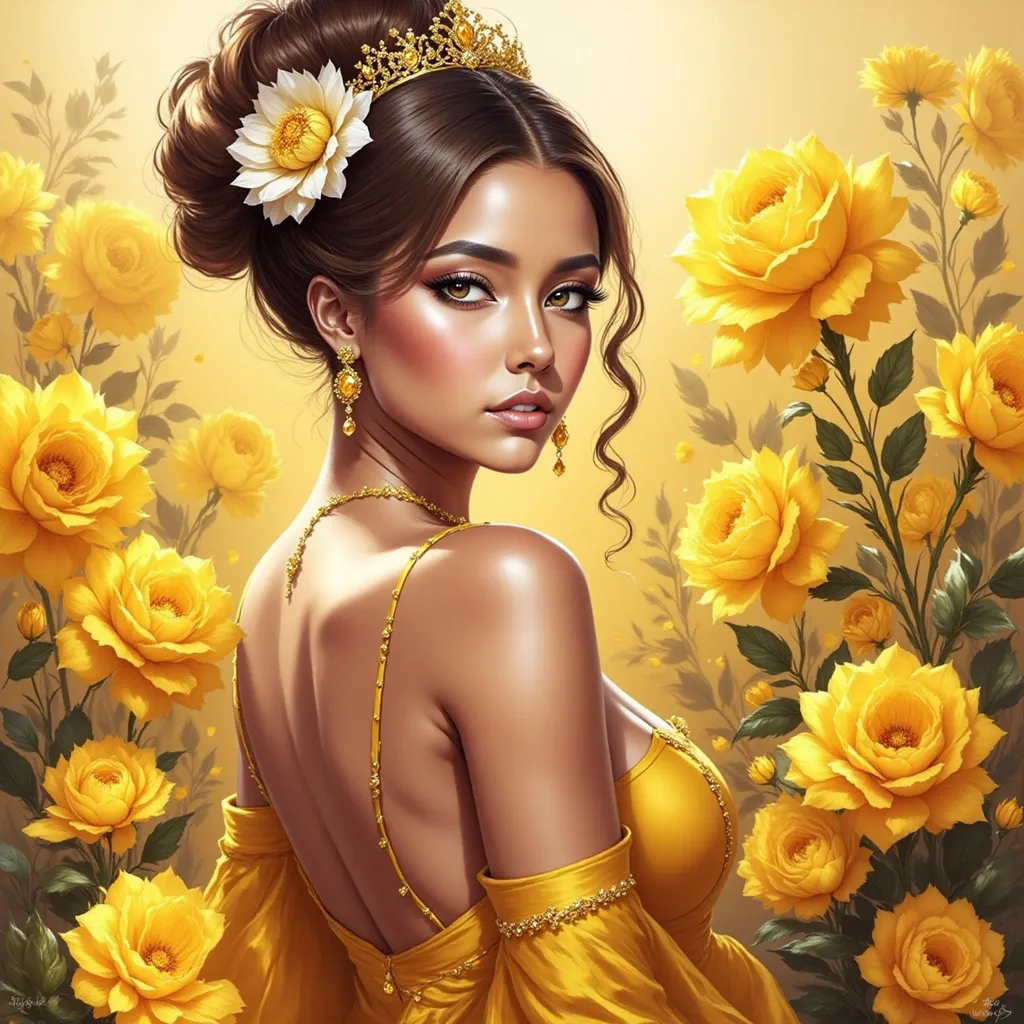 Prompt: a beautiful woman in a yellow dress surrounded by yellow flowers illustration by alex vasquel, via art com, Anne Stokes, fantasy art, highly detailed digital painting, a digital painting