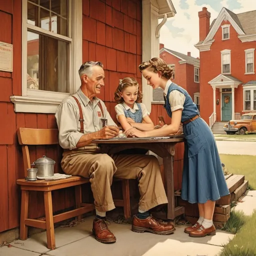 Prompt: Norman Rockwell style, vintage Americana illustration, warm and nostalgic tones, detailed characters, heartwarming storytelling, traditional painting medium, classic American setting, 1940s fashion and architecture, wholesome and idyllic, high quality, heartwarming, nostalgic, detailed characters, traditional painting, vintage, classic, 1940s, warm tones, storytelling, Americana