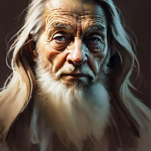 Prompt: {{{{highest quality concept art masterpiece}}}} digital drawing oil painting with {{visible textured brush strokes}},,  
Methuselah 969 years old, photorealistic face, digital painting, artstation, illustration, concept art, smooth, sharp focus, {{hyperrealistic intricate perfect brown long hair}} and {{hyperrealistic perfect clear bright blue eyes}}, epic fantasy, perfect composition approaching perfection, hyperrealistic intricate mirrored room in background, cinematic volumetric dramatic dramatic studio 3d glamour lighting, backlit backlight, 128k UHD HDR HD, professional long shot photography, unreal engine octane render trending on artstation, sharp focus, occlusion, centered, symmetry, ultimate, shadows, highlights, {{{{highest quality concept art masterpiece}}}} digital drawing oil painting with {{visible textured brush strokes}}, Ancient Methuselah, the oldest man who ever lived at 969 years old, photorealistic ancient face, digital painting, artstation, illustration, concept art, smooth, sharp focus, {{hyperrealistic intricate perfect white long hair}} and {{hyperrealistic perfect clear bright blue eyes}}, perfect composition, hyperrealistic intricate mirrored room in background, cinematic volumetric dramatic dramatic studio 3d lighting, backlit backlight, 128k UHD HDR HD, professional long shot photography, unreal engine octane render trending on artstation, sharp focus, occlusion, centered, symmetry, ultimate, shadows, highlights, contrast
