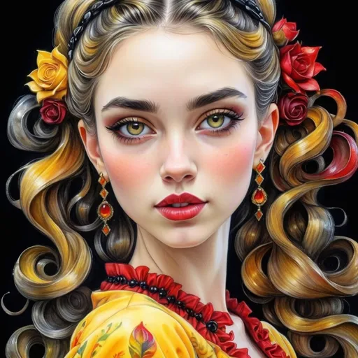 Prompt: <mymodel> beautiful woman, hair pinned up, yellow red black dress, earrings, Watercolor, trending on artstation, sharp focus, studio photo, intricate details, highly detailed, by  Josephine Wall and Jasmine Becket-Griffith