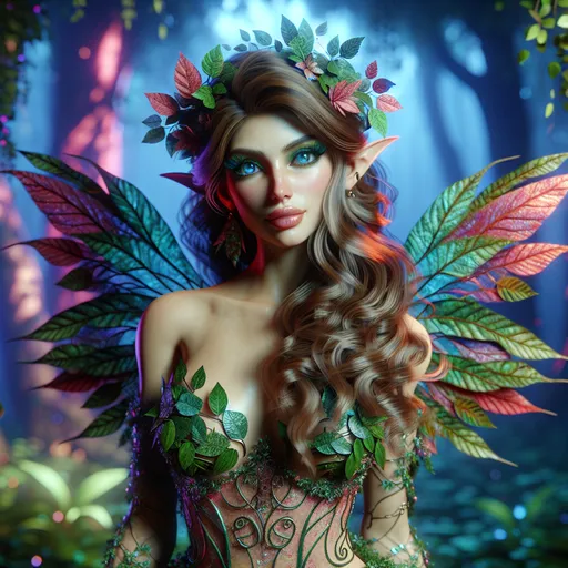 Prompt: Hyper-realisctic, (Full body character portrait), Female Fairy Druid, enchanting forest background, dramatic lighting casting playful shadows, intricate leafy attire, (beautiful, elegant pose), captivating expression with a hint of mischief, vibrant colors enhancing attractiveness, ultra-detailed eyes, ultra-detailed, whimsical atmosphere, 4K quality, fantasy art style.