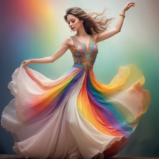 Prompt: (elegant lady), graceful pose, vivid (colors of the rainbow), flowing attire, chic accessories, soft and dreamy ambiance, radiating a sense of joy, ultra-detailed, ambient lighting, romantic atmosphere, intricate patterns, harmonious blend of hues, beautifully flowing hair, serene expression, enchanting background bursting with color, high-quality rendering.