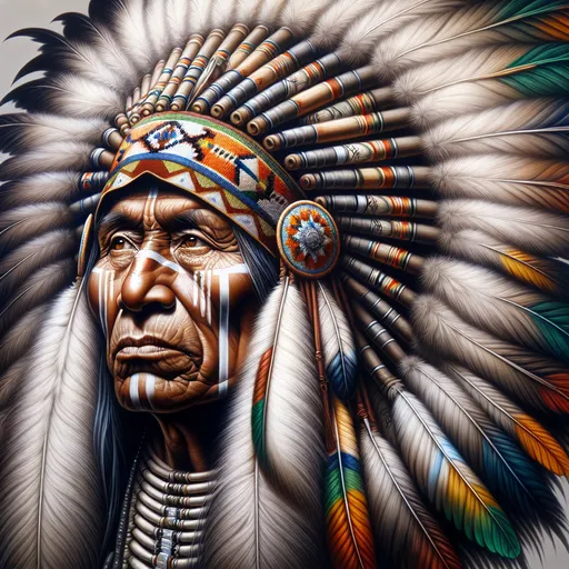 Prompt: a painting of an indian chief wearing a headdress and feathers on his head. Don Maitz, figurative art, highly detailed digital painting, an airbrush painting