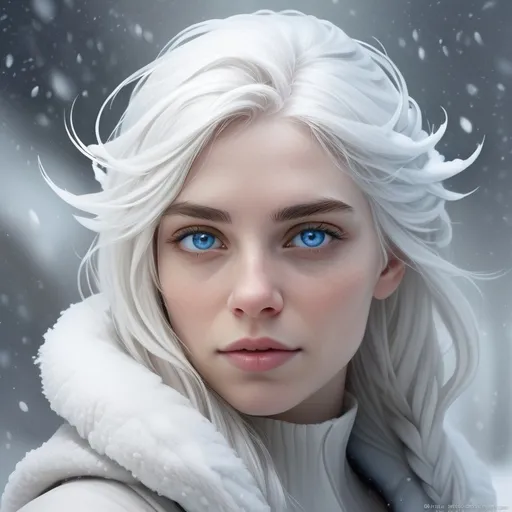 Prompt: a woman with blue eyes and white hair with a white background and a snowflaked head and shoulders, Dirk Crabeth, fantasy art, highly detailed digital painting, an ambient occlusion render