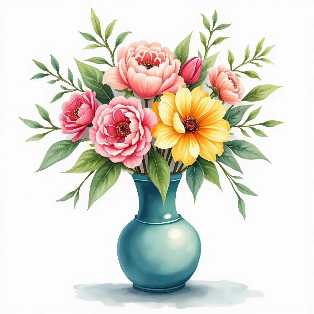 Prompt: A watercolor  painting of a vase  of flowers