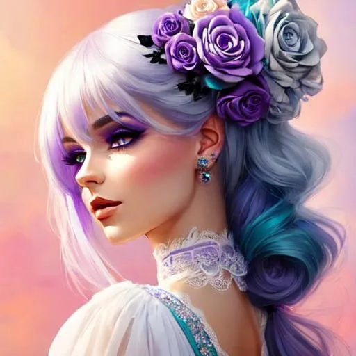 Prompt: A beautiful woman, white hair with pastel purple highlights, violet eyes, blue eyeshadow, pastel blue  and teal roses in her hair, blue jewels on forehead, cartoon style