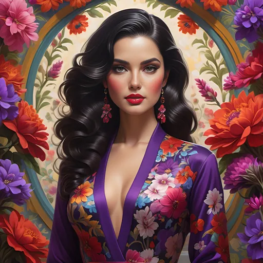 Prompt: Radiating elegance, a striking female figure gazes confidently from a vibrant backdrop adorned with intricate floral patterns and bold colors. Her smooth, dark hair is styled in classic waves, accentuated by a stunning arrangement of colorful blossoms, including red and purple flowers, adding a touch of nature's beauty to her look. Dressed in a meticulously designed garment featuring vivid floral motifs, she exudes grace and poise, highlighted by her flawless complexion and dramatic makeup, which includes a bold red lip and expertly applied eye makeup. The rich green and red hues of the background create a sense of harmony, while the overall composition conveys a celebration of culture and femininity, evoking a mood of sophistication and timeless beauty.