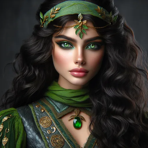 Prompt: The image depicts a strikingly beautiful young woman with a captivating presence. She has long, voluminous, dark curly hair adorned with a green headband that features delicate gold accents and leafy designs. Her vivid green eyes stand out, providing a mesmerizing contrast to her soft, glowing complexion. She has a subtle flush on her cheeks, giving her a healthy, vibrant look.

She is dressed in a green outfit that appears to be inspired by fantasy or medieval themes. The attire includes intricate gold details, adding to the ornate and regal appearance. She wears a green scarf around her neck, complemented by a statement necklace featuring a green gem and gold elements.