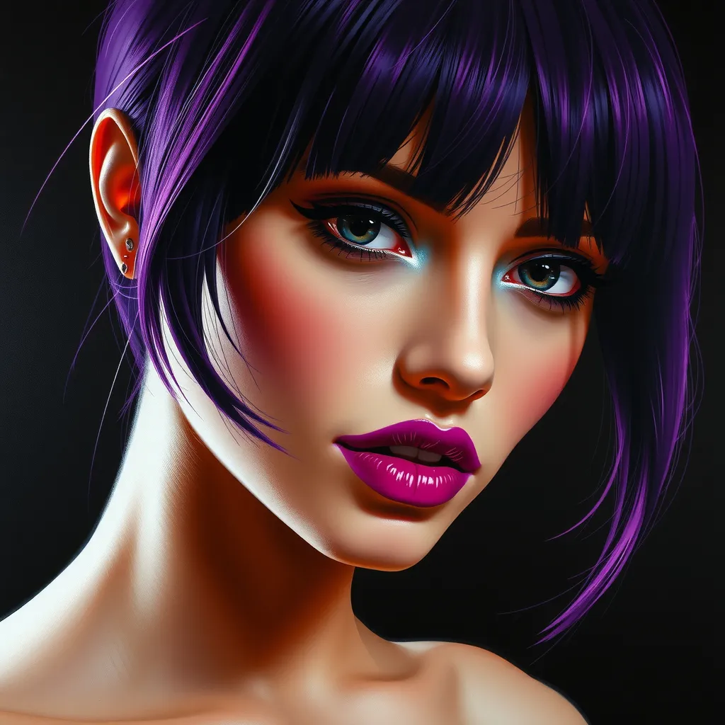 Prompt: a painting of a woman with purple hair and a purple lipstick on her lips and a black background. Edwin Georgi, photorealism, highly detailed digital painting, a photorealistic painting