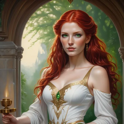 Prompt: a painting of a woman with red hair and green eyes wearing a white dress with gold trim and a red hair, Anne Stokes, fantasy art, kinkade, a detailed painting