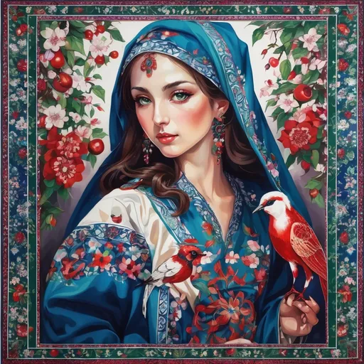 Prompt: A colorful design in the dimensions of 140x140 centimeters, its main theme is white and red, there are pomegranates and cherry blossoms in it, and some green leaves and branches and traditional Iranian designs are used, and there are small birds in it.