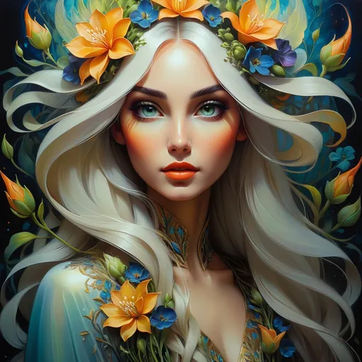 Prompt: Beautiful  hybrid woman with flowers sprouting from her, oil painting, ethereal glow, dark and mysterious, high quality, vibrant colors, surreal, haunting, intricate floral details, intense gaze, mystical atmosphere, oil painting,  ethereal, vibrant colors, surreal, haunting, floral details, intense gaze, mystical atmosphere