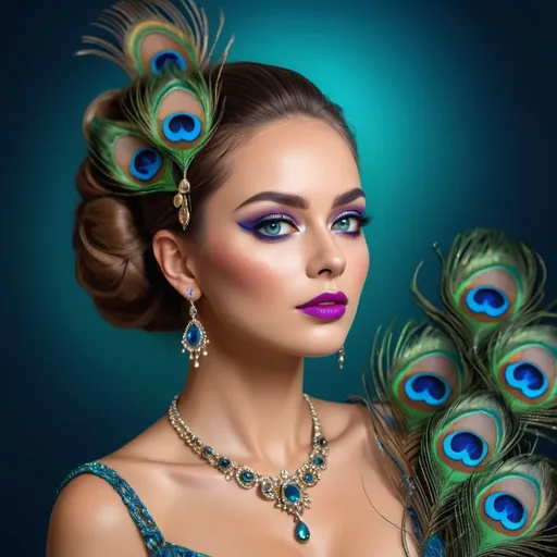 Prompt: <mymodel> Gorgeous woman with beautiful makeup and hair, peacock feathers, high-quality, detailed, realistic, elegant, vibrant colors, professional makeup, glamorous lighting, 4k resolution, portrait, detailed facial features, luxurious, exotic, peacock feathers, elegant hairstyle, stunning makeup, beauty shot