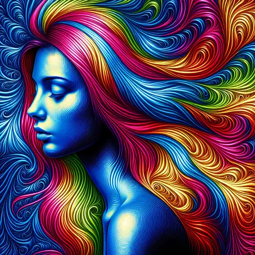 Prompt: a woman with colorful hair , with a blue background and a rainbow - colored background, Android Jones, psychedelic art, highly detailed digital painting, an ultrafine detailed painting