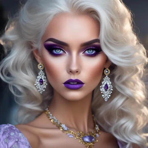 Prompt: <mymodel>Hypnotic bimbo  platinum  blonde   gold lips and purple eyeshadow 