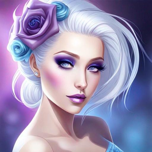 Prompt: A beautiful woman, white hair with pastel purple highlights, violet eyes, blue eyeshadow, pastel blue roses in her hair, blue jewels on forehead, cartoon style