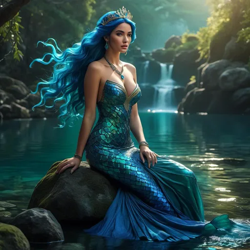 Prompt: <mymodel>HD 4k 3D 8k professional modeling photo hyper realistic beautiful woman ethereal greek goddess druid mermaid
cobalt blue hair olive skin gorgeous face  jewelry druid crown colored mermaid tail full body surrounded by ambient glow hd landscape under lush celtic waters

