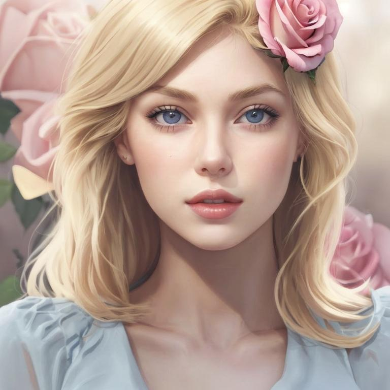 Prompt: blonde girl with pink rose