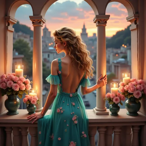 Prompt: Bathed in the warm glow of twilight, a young woman stands poised on a balcony, her long, curly hair cascading elegantly around her shoulders. She wears a vibrant turquoise dress adorned with soft floral patterns, the sheer fabric flowing gracefully as she holds it gently with one hand. The balcony is beautifully decorated with delicate pink roses and flickering candles, enhancing the romantic ambiance of the scene. The backdrop features a dreamy sunset with hues of pink and orange merging into the sky, creating a serene yet enchanting atmosphere. The composition captures a moment of tranquility, evoking feelings of beauty, grace, and a hint of nostalgia.