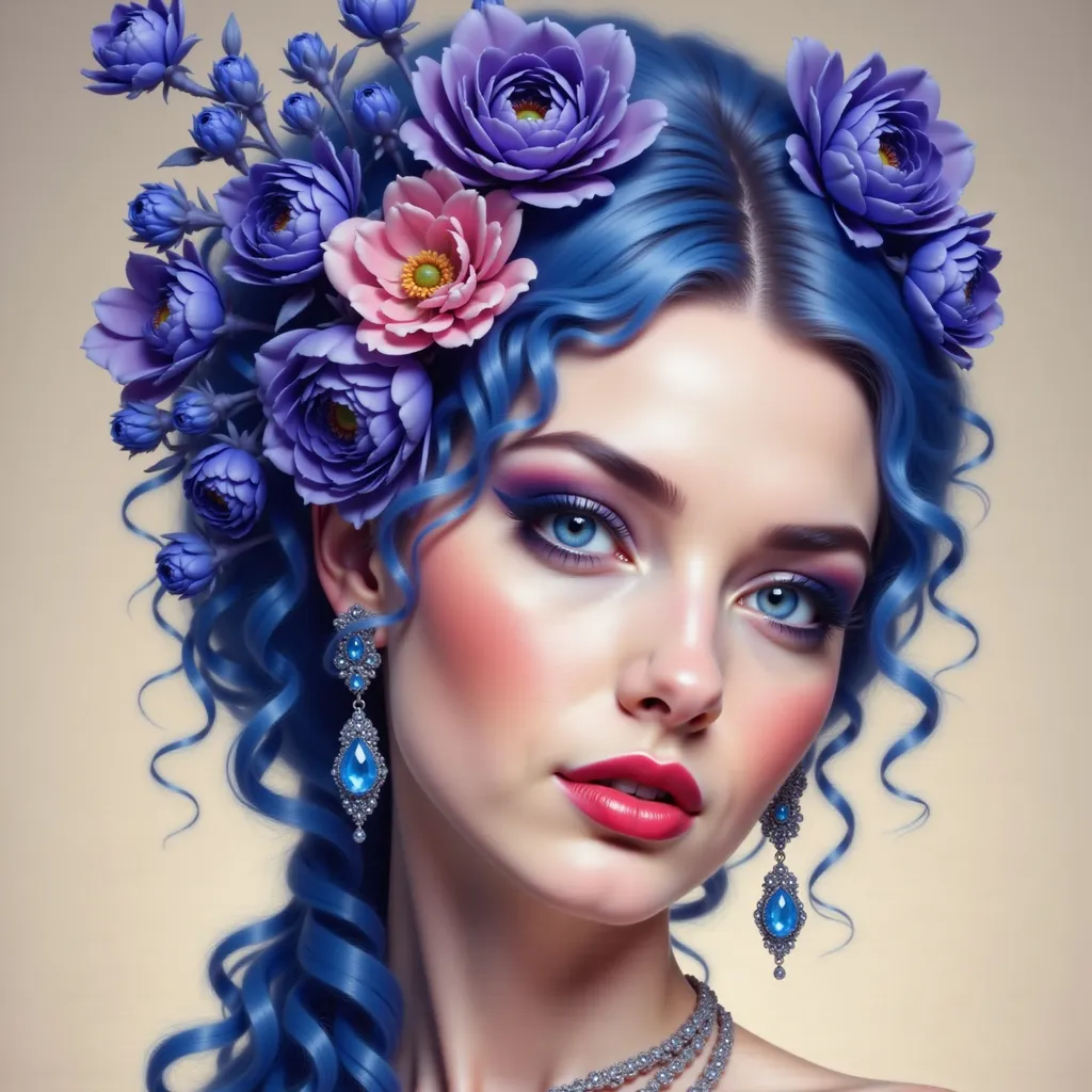 Prompt: a painting of a woman with blue hair and flowers in her hair, wearing a necklace and earrings with blue flowers on her head, Anna Dittmann, fantasy art, highly detailed digital painting, a photorealistic painting