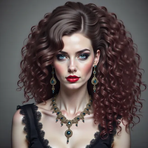 Prompt: a woman with long hair and a necklace on her neck and a red lipstick on her cheek and a black dress, Carla Wyzgala, gothic art, highly detailed digital painting, a photorealistic painting