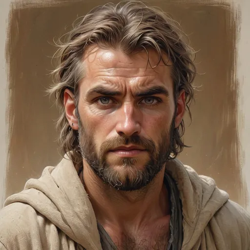 Prompt: With a piercing gaze that conveys both intensity and resolve, a rugged man stares directly into the viewer’s eyes, his expression reflecting a blend of determination and vulnerability. His disheveled hair and full beard are interspersed with hints of gray, adding to his seasoned appearance, while the earth-toned robe draped around his shoulders suggests a humble, perhaps nomadic lifestyle. The background is a warm, muted beige, which enhances the focus on his striking features and the depth of emotion in his eyes. The soft lighting accentuates the textures on his face, creating a sense of warmth and intimacy, inviting viewers into his world, as if he carries untold stories and hardships within. Overall, the image exudes a powerful narrative of resilience and strength, capturing a moment that feels both timeless and profound.
