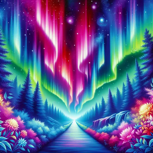 Prompt:  a path leading to a colorful northern lights in the sky above a forest with flowers and trees, Anne Stokes, psychedelic art, kinkade, an airbrush painting